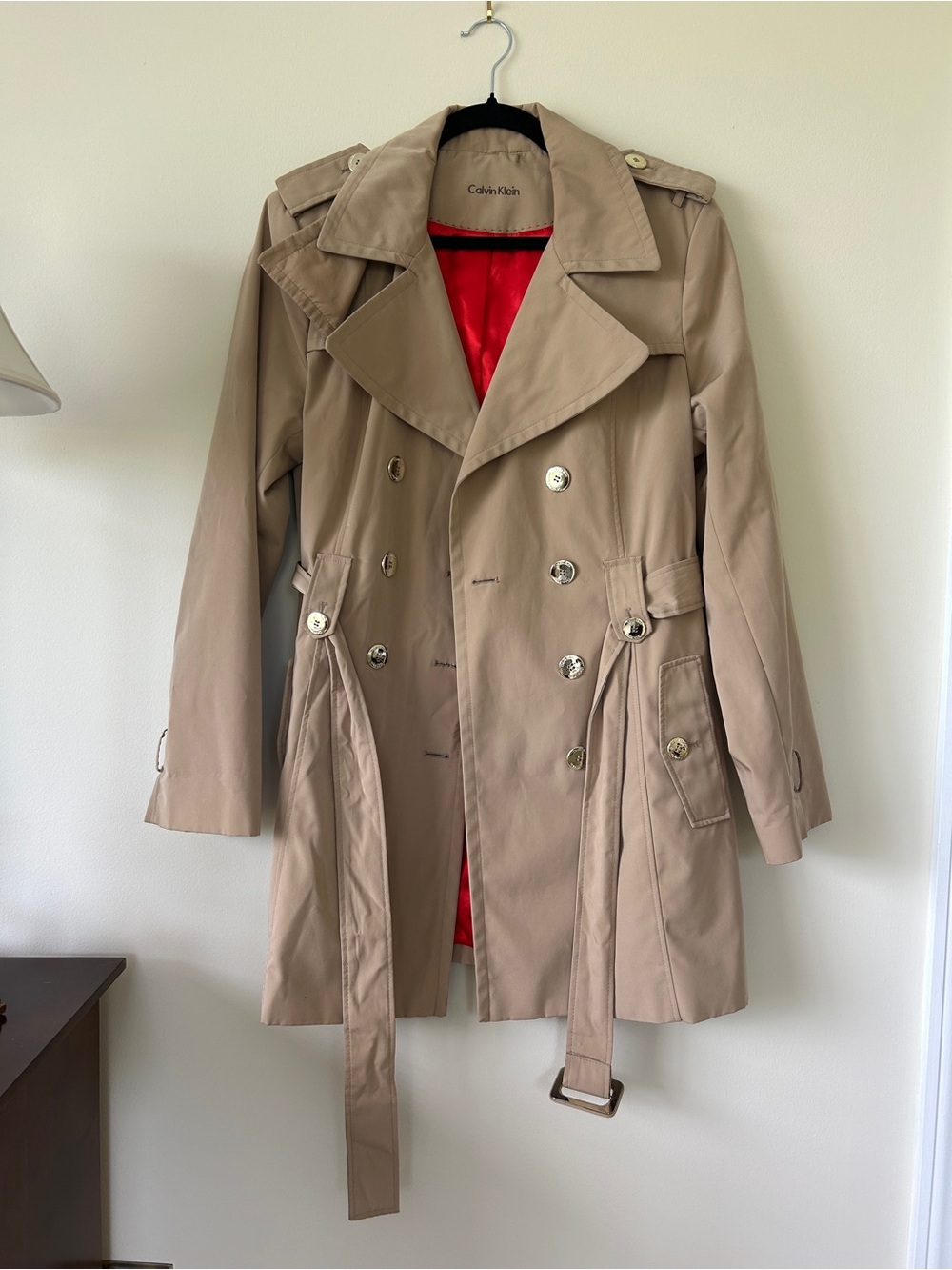 Calvin Klein Khaki Trench Coat with Red Lining